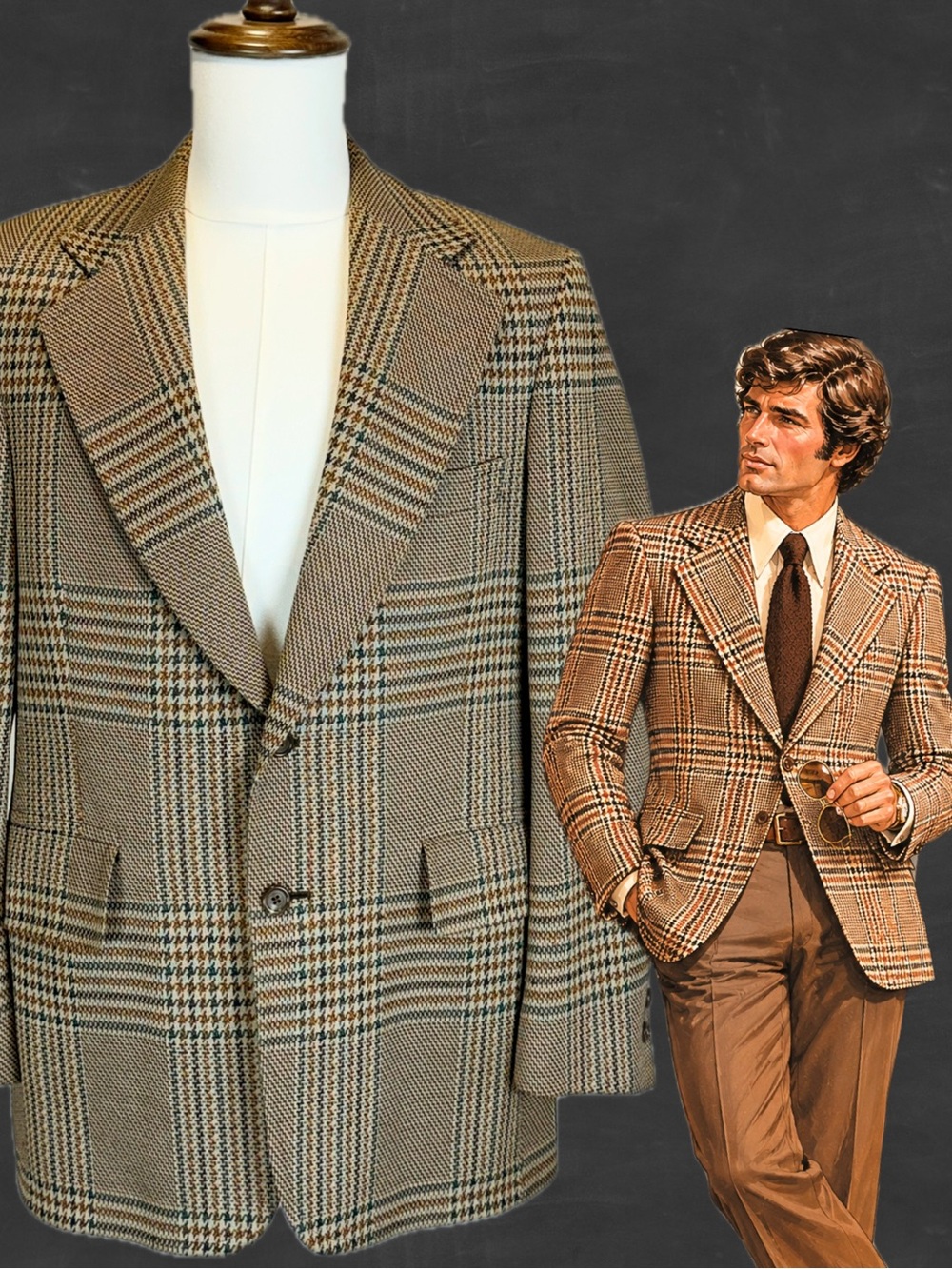 VINTAGE 70s British countryside brown plaid blazer men’s sports coat academia 41